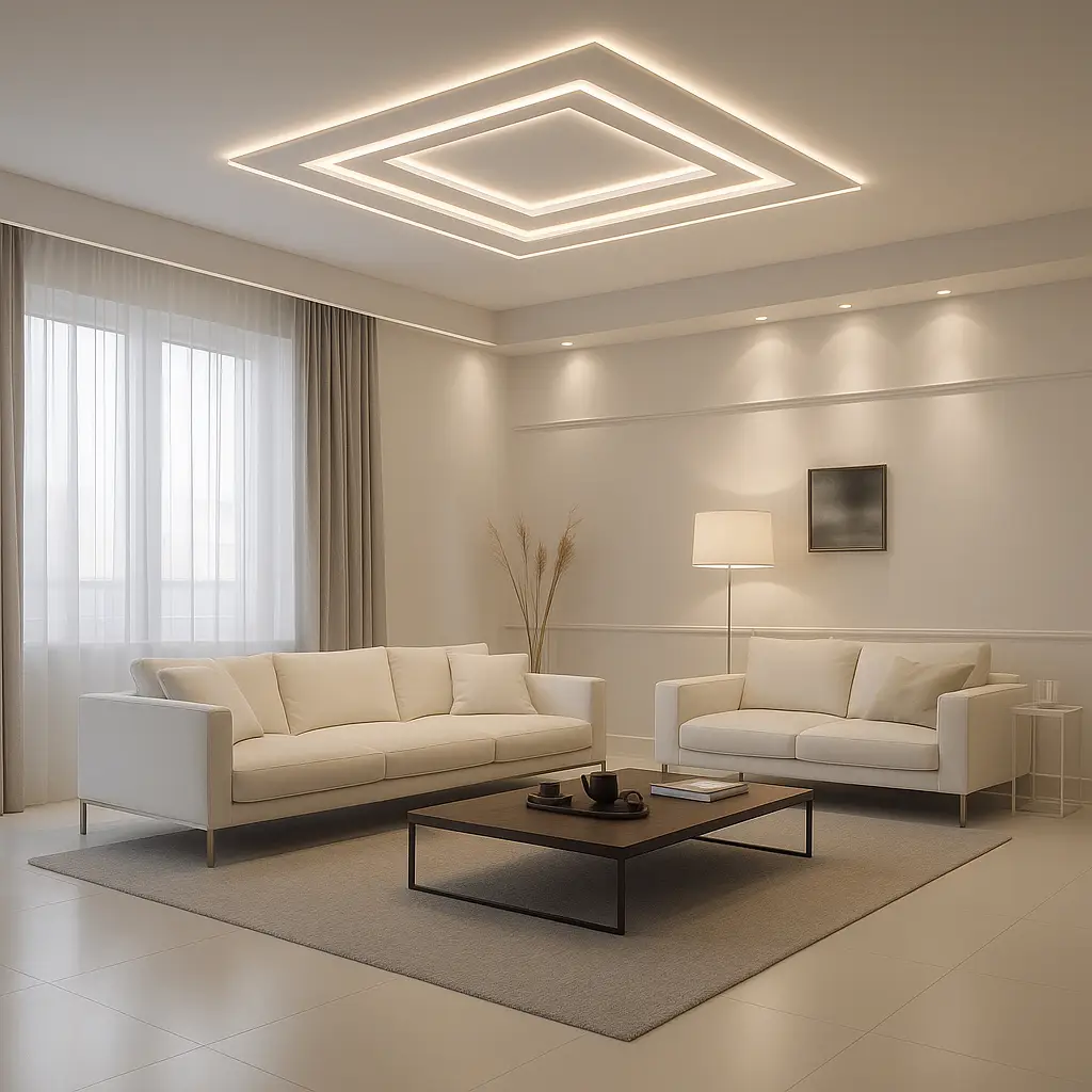 Nowoczesny salon z białymi sofami i oświetleniem LED.