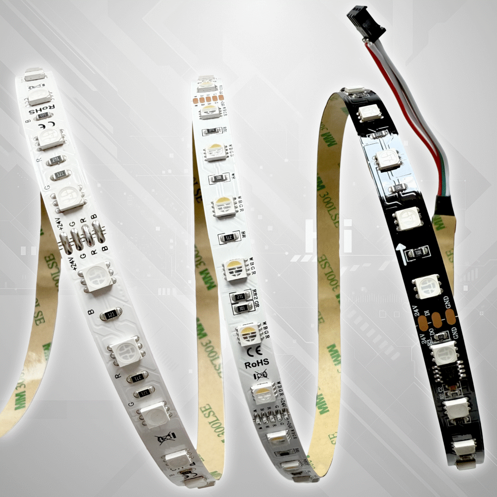 Taśmy LED RGB o różnych kolorach i funkcjach.