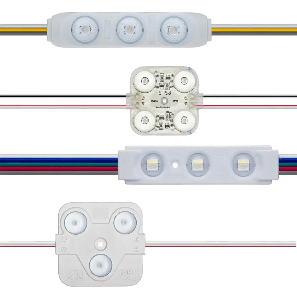 Moduły LED z przewodami w różnych kolorach